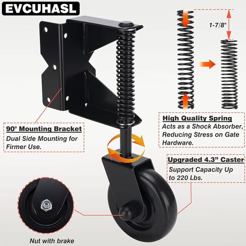Gate Wheel, Spring Loaded Gate Caster, Heavy Duty Wooden Fence Gate Caster Wheel, 360 Degree Swivel Outdoor Swing or Rolling Gate Support Wheel Kit, 4-1/2 Inch, 220 Lbs Capacity, Black (Left & Right) in Saudi Arabia