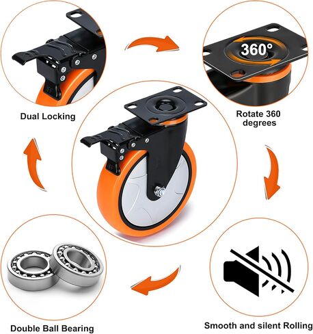 عجلات شديدة التحمل مقاس 6 بوصات تحمل 2800 رطل، هيكل تصميم مثالي في عجلات تحمل قابلة للقفل مع فرامل، عجلات دوارة للأثاث ومنضدة العمل، مجموعة من 4 (مسامير مجانية) in Kuwait