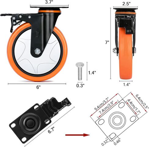 عجلات شديدة التحمل مقاس 6 بوصات تحمل 2800 رطل، هيكل تصميم مثالي في عجلات تحمل قابلة للقفل مع فرامل، عجلات دوارة للأثاث ومنضدة العمل، مجموعة من 4 (مسامير مجانية) in Kuwait