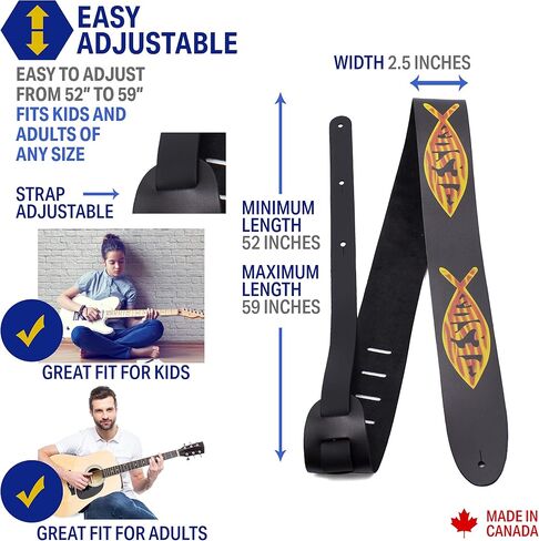 Perri's Leathers Ltd. - Guitar Strap - Direct To Leather - Jesus Fish- Adjustable - For Acoustic/Bass/Electric Guitars - Made in Canada (P25DTL-11046) in Saudi Arabia