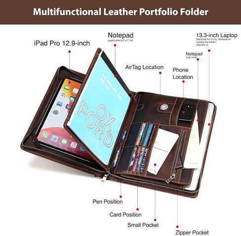 Leather Portfolio Organizer, Leather Padfolio for Men & Women with Zipper, Vintage Crazy Horse Leather Portfolio Binder Business/Resume Portfolio Folder with Writing Pad, Coffee in Saudi Arabia