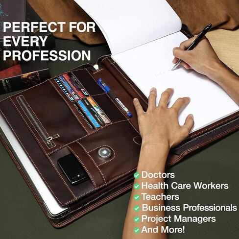 Leather Portfolio Organizer, Leather Padfolio for Men & Women with Zipper, Vintage Crazy Horse Leather Portfolio Binder Business/Resume Portfolio Folder with Writing Pad, Coffee in Saudi Arabia