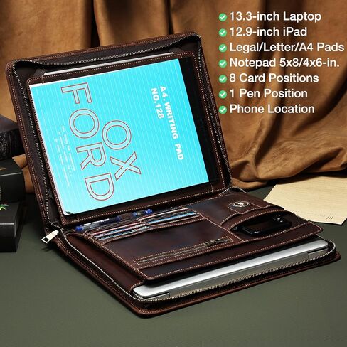 Leather Portfolio Organizer, Leather Padfolio for Men & Women with Zipper, Vintage Crazy Horse Leather Portfolio Binder Business/Resume Portfolio Folder with Writing Pad, Coffee in Saudi Arabia