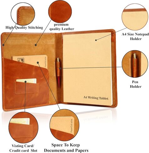 CestAntiQ، حافظة جلدية مقاس A4، حافظة مستندات قانونية، منظم أكمام حافظة للكتابة الاحترافية، حافظة فوليو للرجال والنساء باللون البني الكونياك in Kuwait