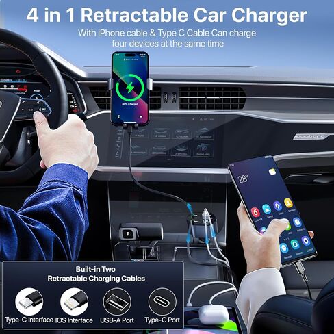 Retractable Car Charger 120W, 4 in 1 Fast Charge Car Phone Charger, Retractable Cable (31.5 inch) and 2 USB Ports Car Charger Adapter Compatible with iPhone 15/14/13/12 Pro Max XR,iPad,Pixel in Saudi Arabia