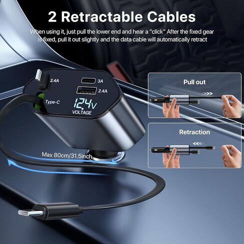 Retractable Car Charger 120W, 4 in 1 Fast Charge Car Phone Charger, Retractable Cable (31.5 inch) and 2 USB Ports Car Charger Adapter Compatible with iPhone 15/14/13/12 Pro Max XR,iPad,Pixel in Saudi Arabia