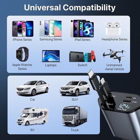 Retractable Car Charger 120W, 4 in 1 Fast Charge Car Phone Charger, Retractable Cable (31.5 inch) and 2 USB Ports Car Charger Adapter Compatible with iPhone 15/14/13/12 Pro Max XR,iPad,Pixel in Saudi Arabia
