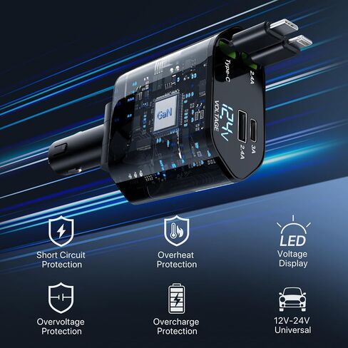 Retractable Car Charger 120W, 4 in 1 Fast Charge Car Phone Charger, Retractable Cable (31.5 inch) and 2 USB Ports Car Charger Adapter Compatible with iPhone 15/14/13/12 Pro Max XR,iPad,Pixel in Saudi Arabia