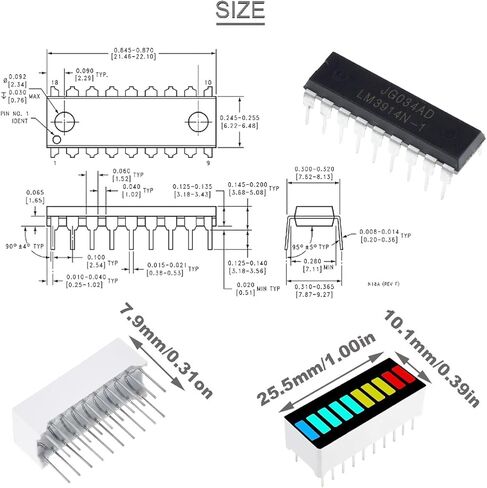 8 pcs 10 Segment LED Bar Graph Display red Yellow Blue Green + LM3914N-1 Dot/Bar Display Driver LED Display Driver Combo Kit with DIP-20 DIP-18 IC Socket for DIY in Saudi Arabia