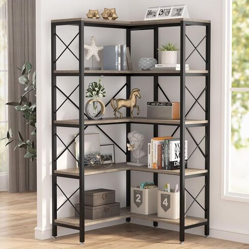 Tribesigns 5-Shelf Corner Bookshelf, Large Modern Corner Bookcase, 5-Tier Tall Corner Shelf Storage Display Rack with Metal Frame for Living Room Home Office (Black) in Saudi Arabia