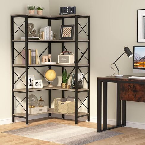 Tribesigns 5-Shelf Corner Bookshelf, Large Modern Corner Bookcase, 5-Tier Tall Corner Shelf Storage Display Rack with Metal Frame for Living Room Home Office (Black) in Saudi Arabia