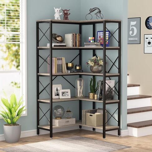Tribesigns 5-Shelf Corner Bookshelf, Large Modern Corner Bookcase, 5-Tier Tall Corner Shelf Storage Display Rack with Metal Frame for Living Room Home Office (Black) in Saudi Arabia