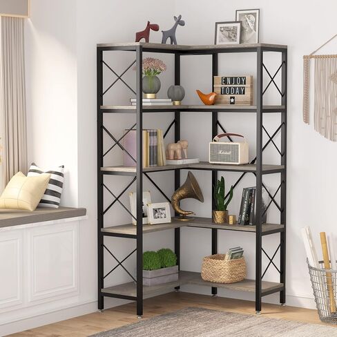Tribesigns 5-Shelf Corner Bookshelf, Large Modern Corner Bookcase, 5-Tier Tall Corner Shelf Storage Display Rack with Metal Frame for Living Room Home Office (Black) in Saudi Arabia