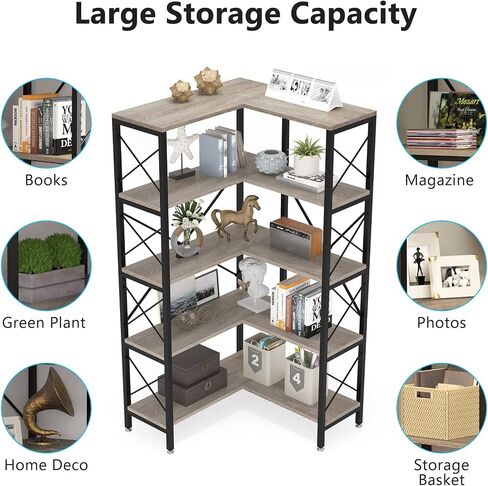 Tribesigns 5-Shelf Corner Bookshelf, Large Modern Corner Bookcase, 5-Tier Tall Corner Shelf Storage Display Rack with Metal Frame for Living Room Home Office (Black) in Saudi Arabia