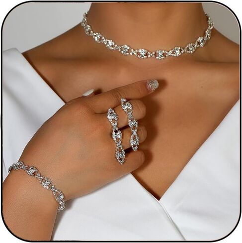 Prom Jewelry Sets Silver Bride Jewelry Set for Wedding Bridesmaid Accessories Necklace Earrings Bracelet Set Elegant Crystal Wedding Prom Jewelry for Women Girls in Saudi Arabia