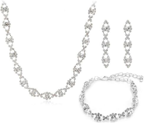 Prom Jewelry Sets Silver Bride Jewelry Set for Wedding Bridesmaid Accessories Necklace Earrings Bracelet Set Elegant Crystal Wedding Prom Jewelry for Women Girls in Saudi Arabia