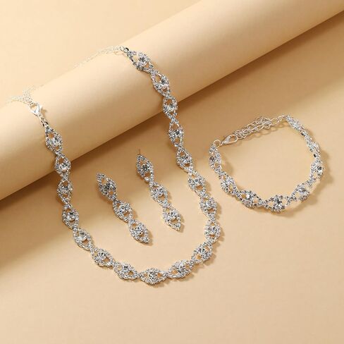 Prom Jewelry Sets Silver Bride Jewelry Set for Wedding Bridesmaid Accessories Necklace Earrings Bracelet Set Elegant Crystal Wedding Prom Jewelry for Women Girls in Saudi Arabia