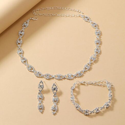 Prom Jewelry Sets Silver Bride Jewelry Set for Wedding Bridesmaid Accessories Necklace Earrings Bracelet Set Elegant Crystal Wedding Prom Jewelry for Women Girls in Saudi Arabia