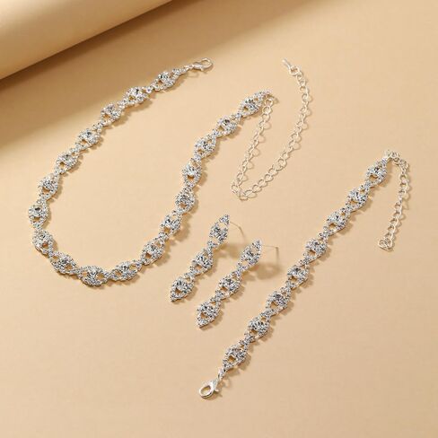 Prom Jewelry Sets Silver Bride Jewelry Set for Wedding Bridesmaid Accessories Necklace Earrings Bracelet Set Elegant Crystal Wedding Prom Jewelry for Women Girls in Saudi Arabia