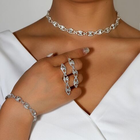 Prom Jewelry Sets Silver Bride Jewelry Set for Wedding Bridesmaid Accessories Necklace Earrings Bracelet Set Elegant Crystal Wedding Prom Jewelry for Women Girls in Saudi Arabia