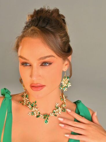 Unicra الزفاف مجموعة مجوهرات الزفاف الذهب الأخضر كريستال قلادة أقراط مجموعات حجر الراين زي رسمي هدايا عيد الأم مجوهرات للنساء والعرائس in Kuwait