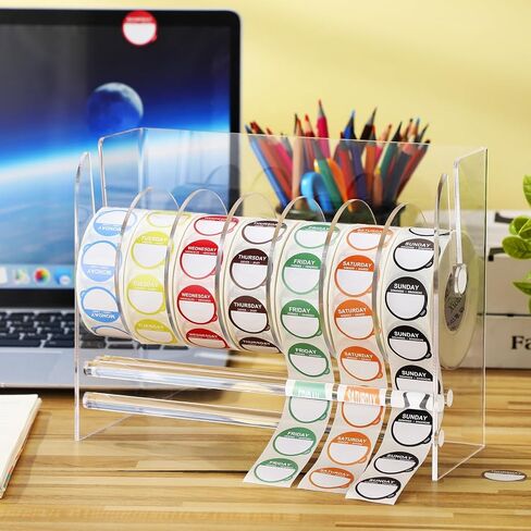 Label Dispenser Label Stickers Set Includes 1 Adjustable Label Dispenser 7000 Pcs Day of The Week Labels Acrylic Sticker Dispenser Round Stickers for Holding Sticker Label Office Home in Saudi Arabia