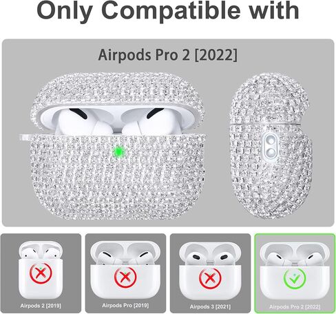 متوافق مع حافظة AirPods Pro 2، حافظة حماية فضية لامعة من حجر الراين الماسي لـ AirPods Pro 2nd Gen مع سلسلة مفاتيح لامعة فاخرة للنساء in Saudi Arabia
