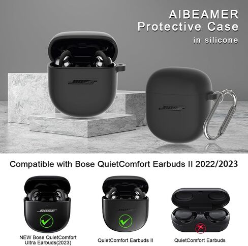 حافظة من السيليكون لحافظة سماعات Bose QuietComfort II (2022) وحافظة Bose QuietComfort Ultra الجديدة (2023)، غطاء حماية مقاوم للصدمات من Bose QuietComfort Earbuds 2 للرجال والنساء مع سلسلة مفاتيح (أسود) in Kuwait