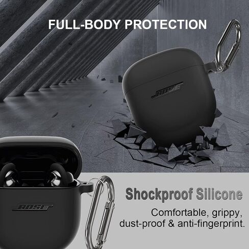 حافظة من السيليكون لحافظة سماعات Bose QuietComfort II (2022) وحافظة Bose QuietComfort Ultra الجديدة (2023)، غطاء حماية مقاوم للصدمات من Bose QuietComfort Earbuds 2 للرجال والنساء مع سلسلة مفاتيح (أسود) in Kuwait