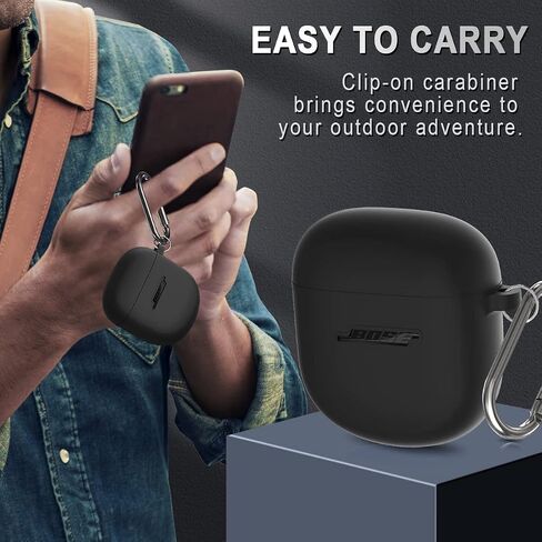 حافظة من السيليكون لحافظة سماعات Bose QuietComfort II (2022) وحافظة Bose QuietComfort Ultra الجديدة (2023)، غطاء حماية مقاوم للصدمات من Bose QuietComfort Earbuds 2 للرجال والنساء مع سلسلة مفاتيح (أسود) in Kuwait