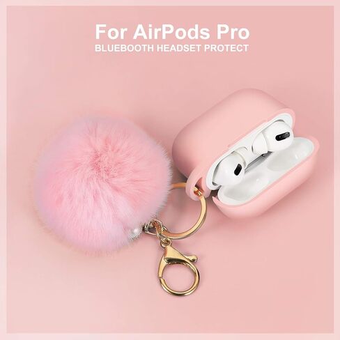 غطاء حماية لحافظة شحن Airpods Pro، حافظة Air Pods من السيليكون الأحدث مع مجموعة سلسلة مفاتيح ناعمة لطيفة على شكل كرة بوم بوم (أ، وردي) in Kuwait
