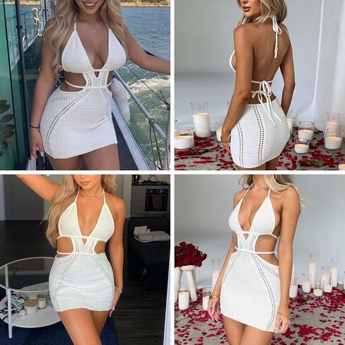 المرأة مثير الرسن الجوف خارج محبوك فستان قصير بلا أكمام عارية الذراعين الدانتيل يصل Bodycon الصيف فستان الشاطئ in Kuwait