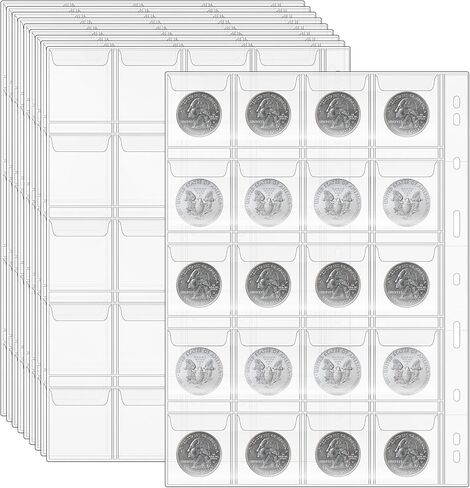 صفحات جيوب العملات المعدنية - صفحة واحدة 20 قطعة 1.8 بوصة × 1.8 بوصة (4.5 سم × 4.5 سم) جيوب لهواة جمع العملات المعدنية مناسبة لمعظم العملات المعدنية، جيوب قياسية للعملات المعدنية ذات 9 فتحات 10 قطع in Kuwait