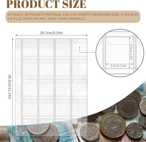 صفحات جيوب العملات المعدنية - صفحة واحدة 20 قطعة 1.8 بوصة × 1.8 بوصة (4.5 سم × 4.5 سم) جيوب لهواة جمع العملات المعدنية مناسبة لمعظم العملات المعدنية، جيوب قياسية للعملات المعدنية ذات 9 فتحات 10 قطع in Kuwait
