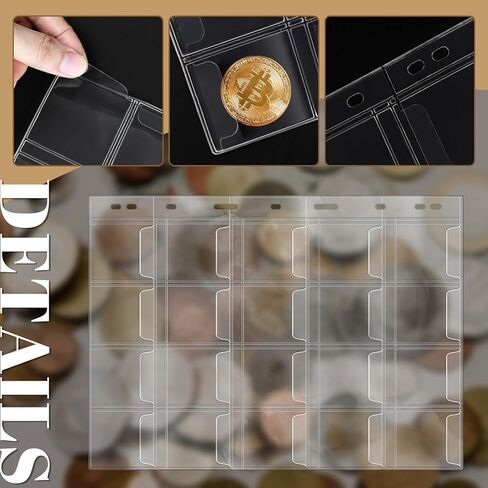 صفحات جيوب العملات المعدنية - صفحة واحدة 20 قطعة 1.8 بوصة × 1.8 بوصة (4.5 سم × 4.5 سم) جيوب لهواة جمع العملات المعدنية مناسبة لمعظم العملات المعدنية، جيوب قياسية للعملات المعدنية ذات 9 فتحات 10 قطع in Kuwait