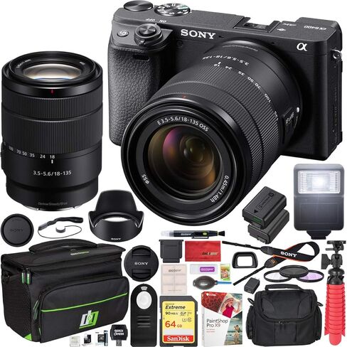 كاميرا Sony a6400 4K بدون مرآة ILCE-6400M/B مع طقم عدسات تكبير F3.5-5.6 OSS مقاس 18-135 مم ومجموعة مرشح حقيبة سفر Deco Gear وبطارية إضافية وحزمة فلاش in Saudi Arabia