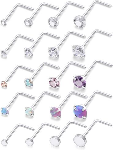 Cisyozi 18G Opal Nose Ring Surgical Steel Nose Studs Screw L-Shaped Nostril Hoops Piercing Jewelry Set for Women Men Girls Nose Rings in Saudi Arabia