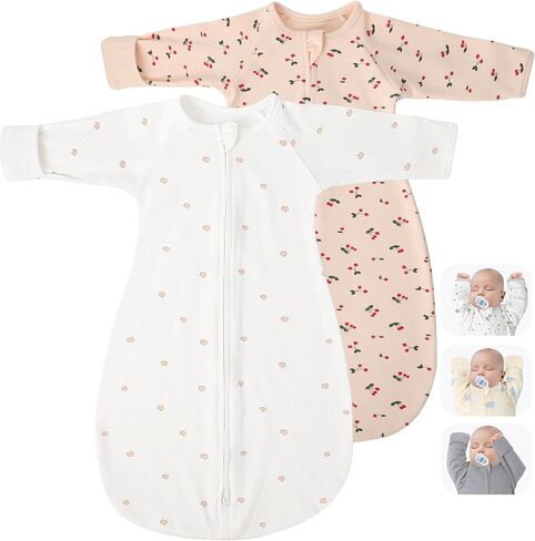 2 Pack Transitional Baby Swadding Sacks with Arms Up Length Sleeves & Mitten Cuffs, Sleeping Sack Bag 2 Ways Zipper, Wearable Swaddle Blanket for Newborns Baby Snug Fit Calms Startle Reflex in Saudi Arabia