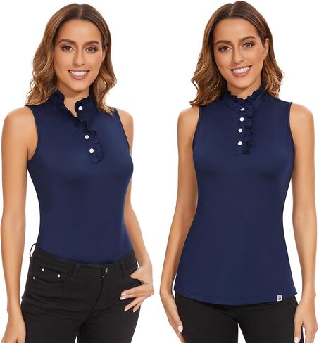 Soneven Womens Sleeveless Golf Shirts Ruffle Collared Business Casual Button Dress Shirts Tennis Tank Tops Golf Apparel in Saudi Arabia