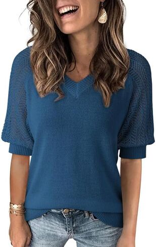 Dokotoo Women's Casual Short Sleeve Loose Crochet Tunic Tops Lightweight Knit Pullover Sweater Blouses in Saudi Arabia