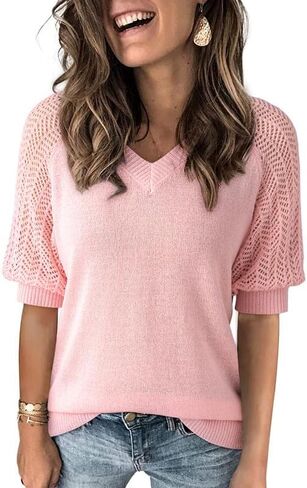 Dokotoo Women's Casual Short Sleeve Loose Crochet Tunic Tops Lightweight Knit Pullover Sweater Blouses in Saudi Arabia