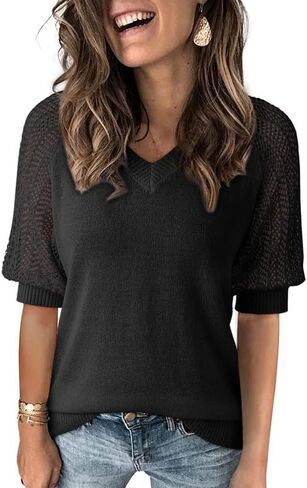 Dokotoo Women's Casual Short Sleeve Loose Crochet Tunic Tops Lightweight Knit Pullover Sweater Blouses in Saudi Arabia