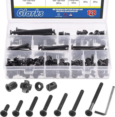 Glarks 128 قطعة M6x20/30/40/50/60/70/80 مم براغي سرير الأطفال ومسامير غطاء رأس مقبس سداسي مع صواميل أسطوانية، صواميل إدراج ملولبة، صواميل T، صامولة شفة ومفتاح ألين للخشب والخزائن والأثاث in Saudi Arabia