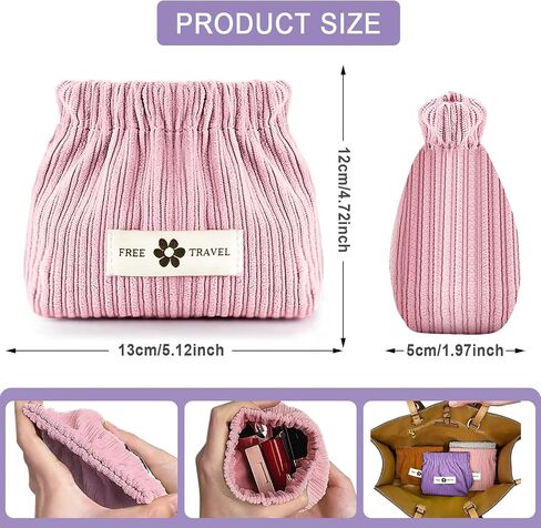 Pocket Cosmetic Bag Squeeze Top, 4 Size Snap Closure Organizer Pouch, Corduroy Makeup Bag, No Zipper Self-closing Makeup Pouch, Purse Organizer Pouches, Small Travel Makeup Bag for Cosmetics Jewelry in Saudi Arabia