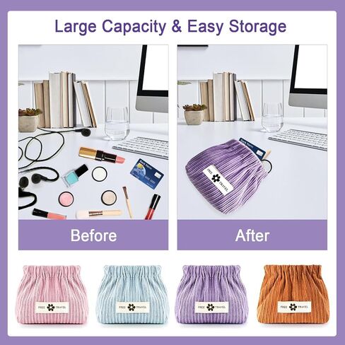 Pocket Cosmetic Bag Squeeze Top, 4 Size Snap Closure Organizer Pouch, Corduroy Makeup Bag, No Zipper Self-closing Makeup Pouch, Purse Organizer Pouches, Small Travel Makeup Bag for Cosmetics Jewelry in Saudi Arabia