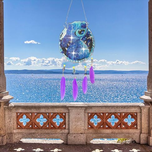 مجموعة أدوات التقاط أشعة الشمس بغرز حفر كاملة خماسية الأبعاد، صناعة يدوية ماسية فنية مرسومة بالألماس لدقات الرياح، زخارف ماسية مزدوجة الجوانب لصائد الأحلام مع قلادة ريش (غرزة) in Kuwait