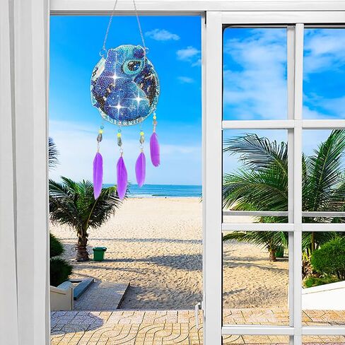 مجموعة أدوات التقاط أشعة الشمس بغرز حفر كاملة خماسية الأبعاد، صناعة يدوية ماسية فنية مرسومة بالألماس لدقات الرياح، زخارف ماسية مزدوجة الجوانب لصائد الأحلام مع قلادة ريش (غرزة) in Kuwait