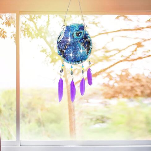 مجموعة أدوات التقاط أشعة الشمس بغرز حفر كاملة خماسية الأبعاد، صناعة يدوية ماسية فنية مرسومة بالألماس لدقات الرياح، زخارف ماسية مزدوجة الجوانب لصائد الأحلام مع قلادة ريش (غرزة) in Kuwait