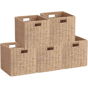 3Pcs Woven Shelf Baskets, 10.5'' Paper Rope Handmade Open Storage Bins, Dark Brown Pantry Baskets Organization Basket Foldable Storage Bins for Bedroom, Cubby Cubes Wicker Basket with Handles in Kuwait