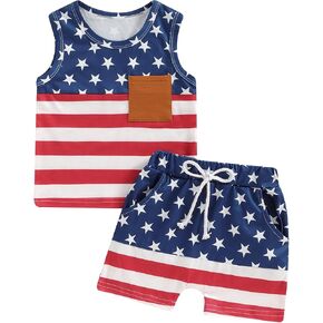 Toddler Boy 4th of July Outfit Stripe&Star Print Pocket Tank Tops with Shorts 2Pcs Independence Day Clothing Set in Saudi Arabia
